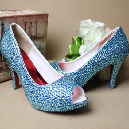 Blue Rhinestone Wedding Bridal Shoe..