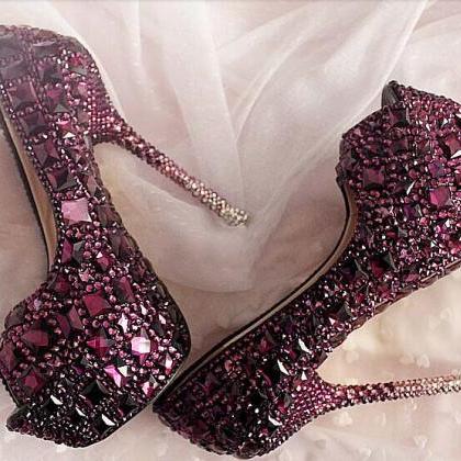 Purple Rhinestone Crystal Wedding Shoes Women..