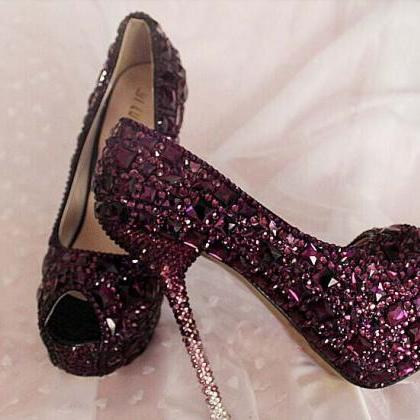 Purple Rhinestone Crystal Wedding Shoes Women..