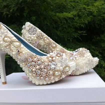 Fashion High Heel Wedding Shoes Pearl Peacock..