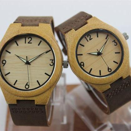 Wooden Bamboo Watch Big Dial Genuine Leather Belt..