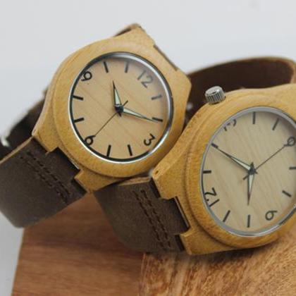 Wooden Bamboo Watch Big Dial Genuine Leather Belt..