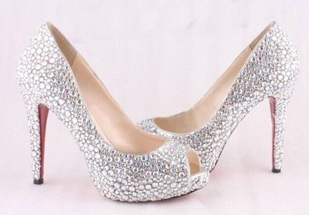 High Quality Luxurious White Rhinestone Wedding Shoes Crystal High Heel Shoes For Women Honeymoon Red Soles Shoes