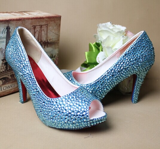 Blue Rhinestone Wedding Bridal Shoes fashion Ladies Dress Shoes Party Prom Crystal Pumps Bridesmaid Shoes