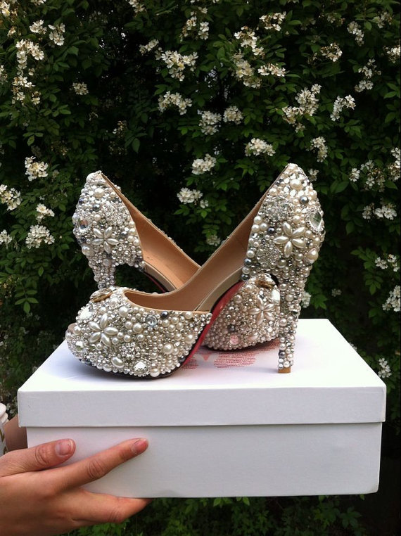 Elegant bridesmaid heels Woman Dress Shoes Wedding Shoes red bottom peep Toe Thin Heels Rhinestone Imitation Pearl