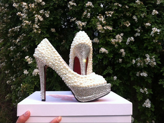 Women Pearl White Bridal Wedding Shoes Crystal Rhionestones Red Bottom ...