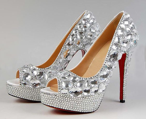 Peep Toe Crystal High Heel Wedding Shoes Silver Bridal Dress Shoes Women Nightclub Party Banquet red bottom Dress Shoes