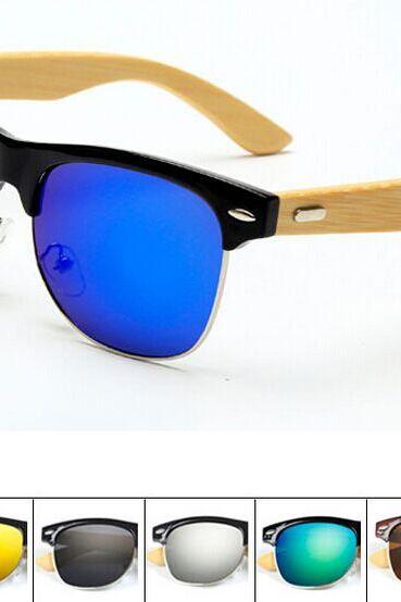 PC Half Frame Metal Nose Bridge Glasses Bamboo Leg Sunglasses UV400 Retro Glasses