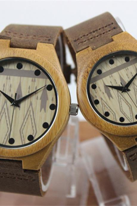 Casual Male And Female Couple Big Dial Bamboo Wood Watch Really Belt