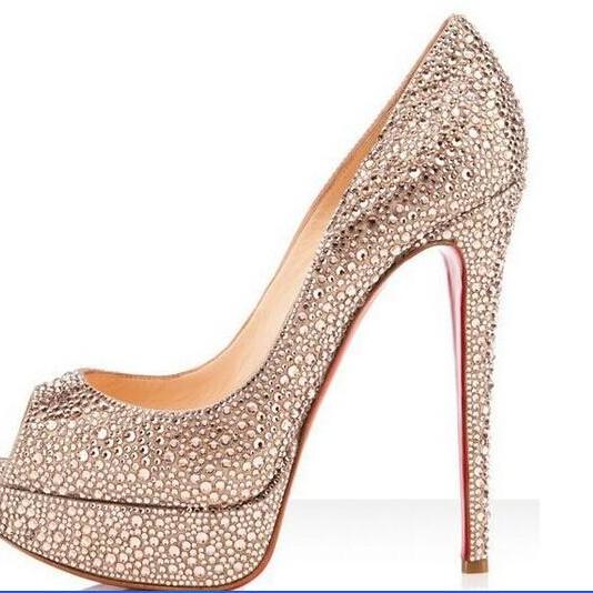 Luxury Diamond Bridal Weddding Shoes high heels rhinestone platform Prom pumps red soles shoes