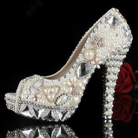 Fashion Ivory Pearl Dress Shoes Peep Toe Women Rhinestone Bridal Shoes Wedding High Heel Shoes Party Prom Shoes
